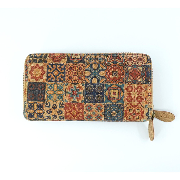 Cork Wristlet Wallet Medium Moroccan Print Vegan Purse Boho Chic - Picture 1 of 9